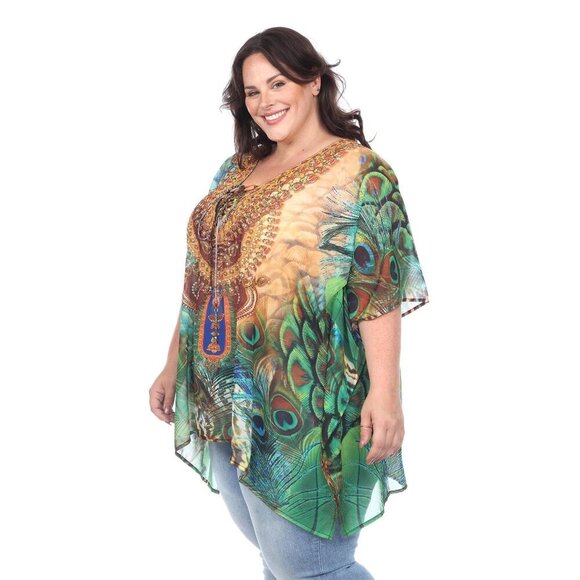 White Mark Green Peacock Plus Short Caftan with Tie-Up Neckline – One Size NWT - Picture 2 of 6